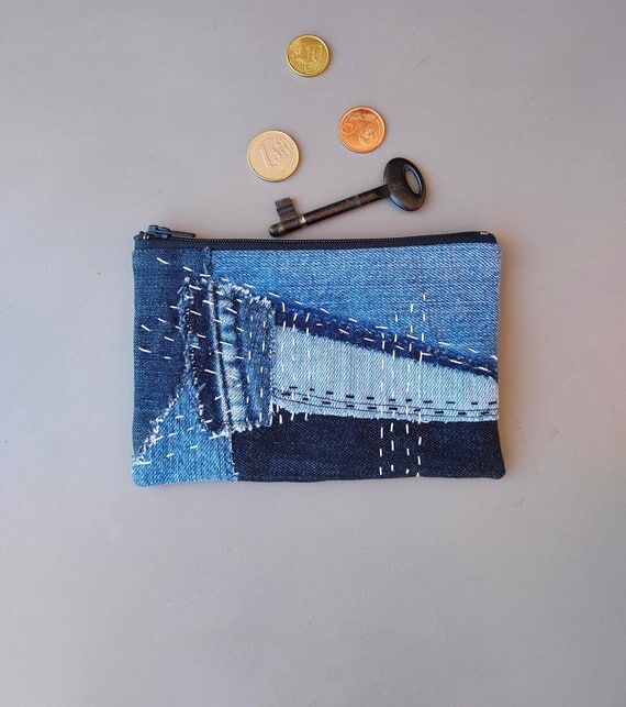 Denim Boro Pouch, Sashiko stitched Coin Purse...