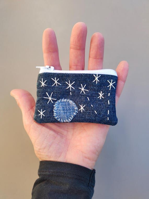 Denim Zip Pouch, Coin Purse, Sashiko Stitched...