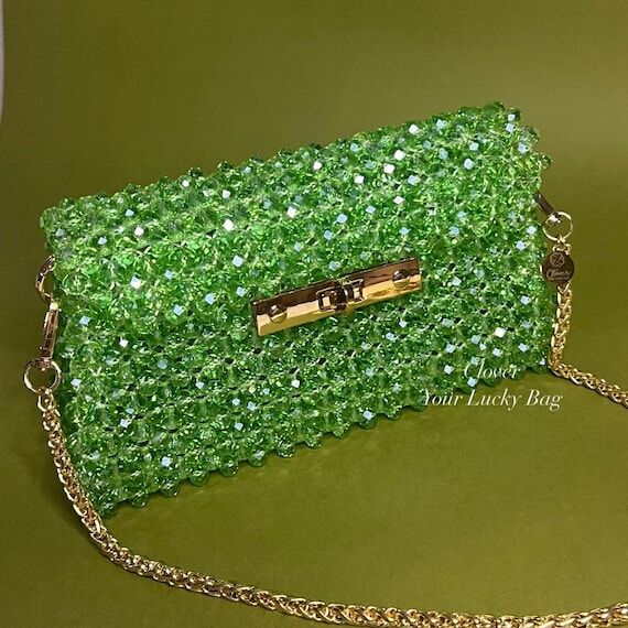 Lime Crystal Beaded Clutch: Gold Chain Evenin...