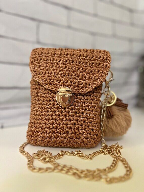 Handmade Crochet Crossbody Bag: Brown Woven P...