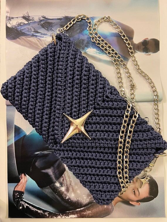 Navy Crochet Envelope Handbag: Handmade Purse...