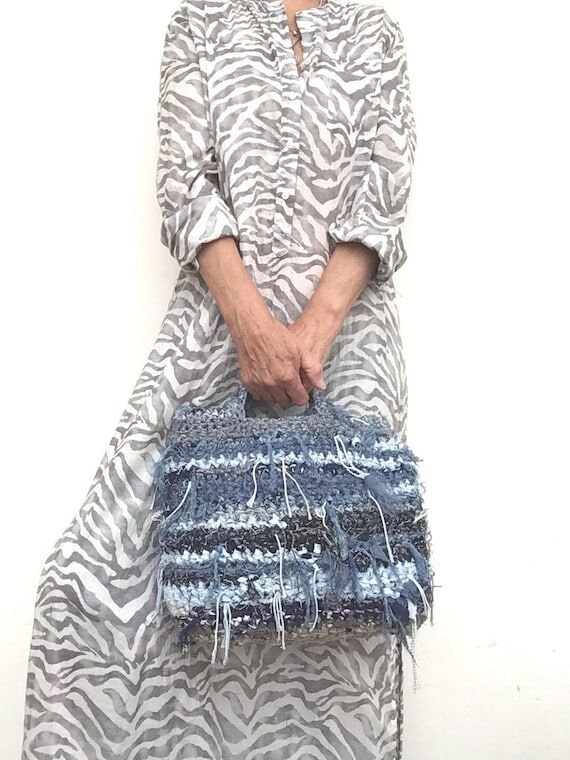 Handmade tote bag from recycled strips of fab...