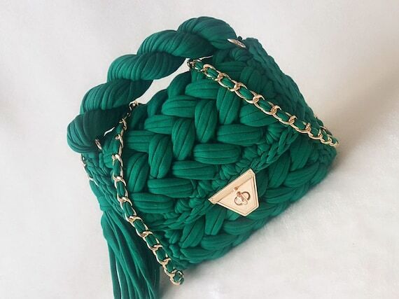 Handmade Knitted Green Bag: T-Shirt Yarn Croc...