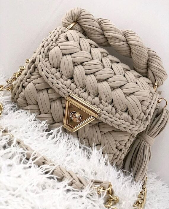 Handmade Knitted Shoulder Bag: T-Shirt Yarn C...