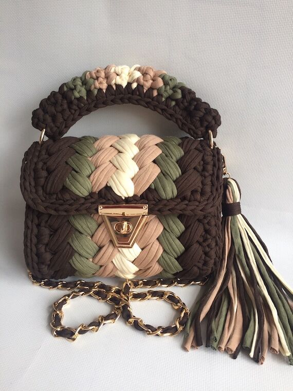 Handmade Crochet Shoulder Bag: Earth Tone Kni...