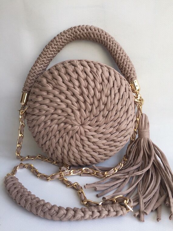 Handmade Crochet Macaron Bag, T-Shirt Yarn Kn...