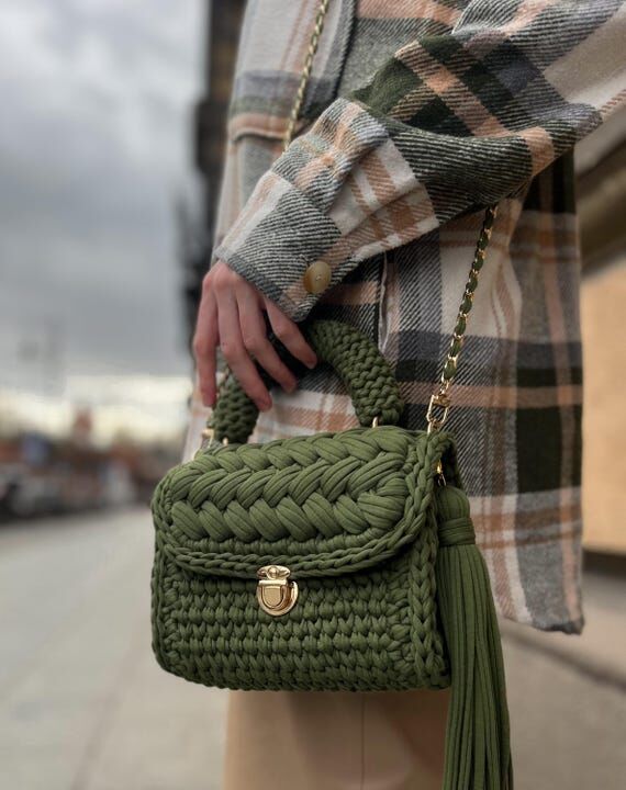 Handmade Crochet Cotton Bag with Lining – C...
