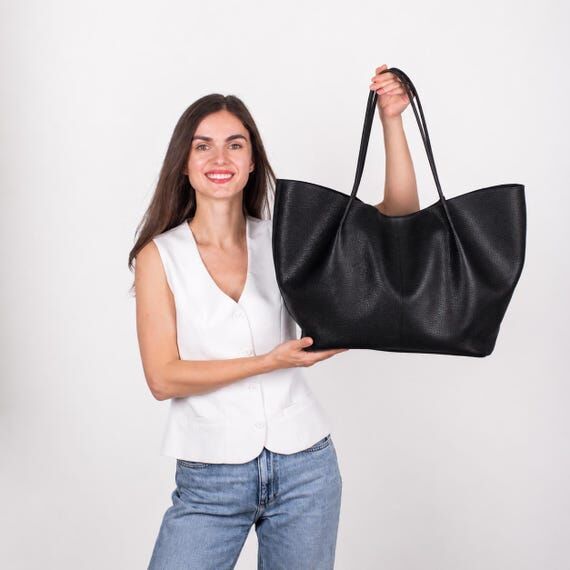 Leather Tote Bag Women, Black Slouchy Shopper...