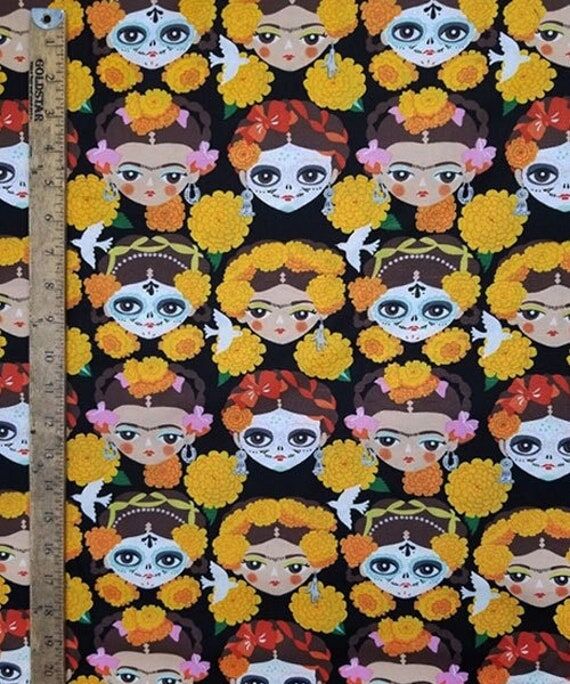 FRIDA FACES BLACK Pattern Cotton Fabric 18&qu...