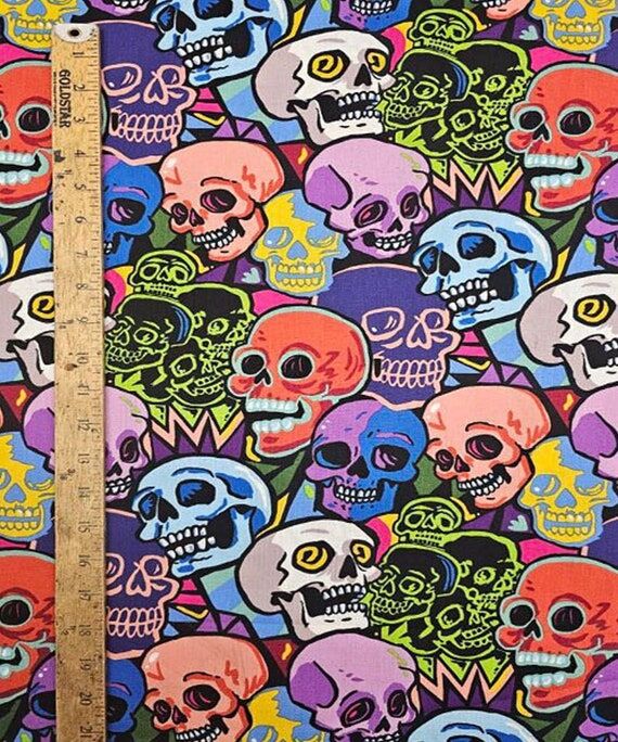 NEON SKULLS Pattern Cotton Fabric 18" (No Social Media) ...