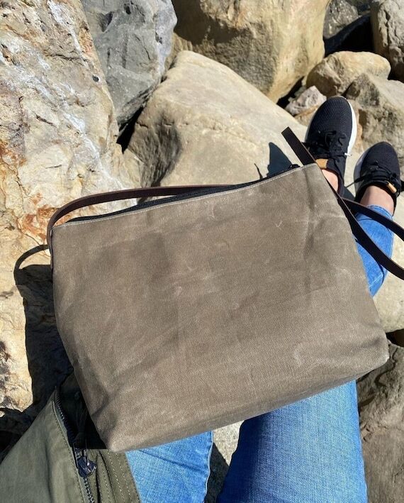 Waxed canvas crossbody bag with leather strap...
