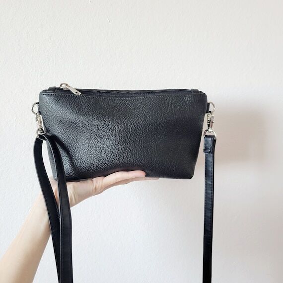 Tiny extra small black leather crossbody bag ...