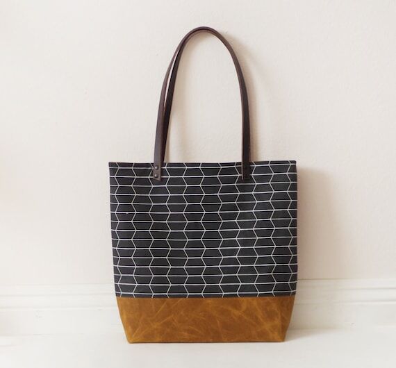 Large printed waxed canvas tote bag with leat...
