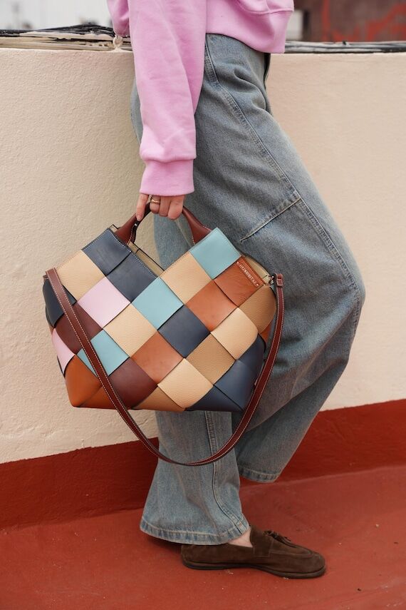 Woven Leather Tote Bag, Large Multicolor Shou...