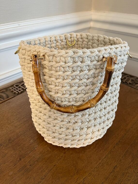 Cream, off-white, bamboo handle crochet hand ...