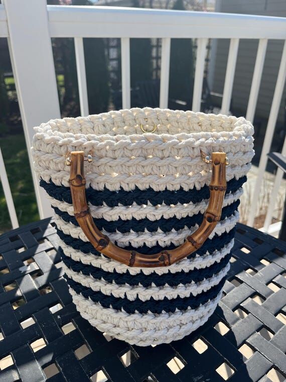 White with Navy Blue stripe bamboo handle cro...