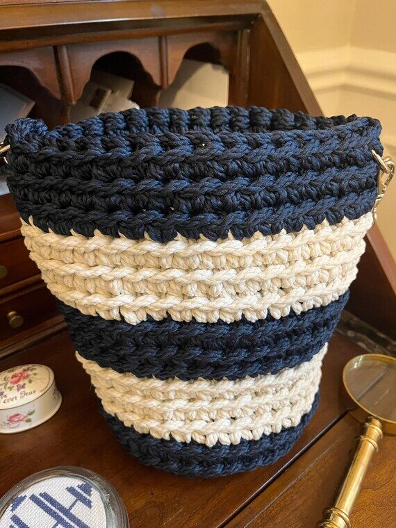 Navy White Stripe Crochet Purse, Small Should...