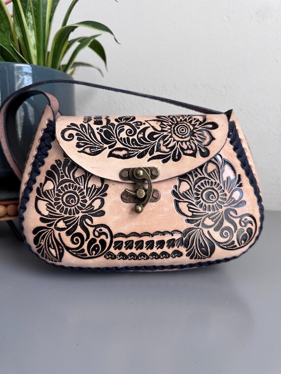 Hand-Tooled Leather Floral Crossbody Purse, M...