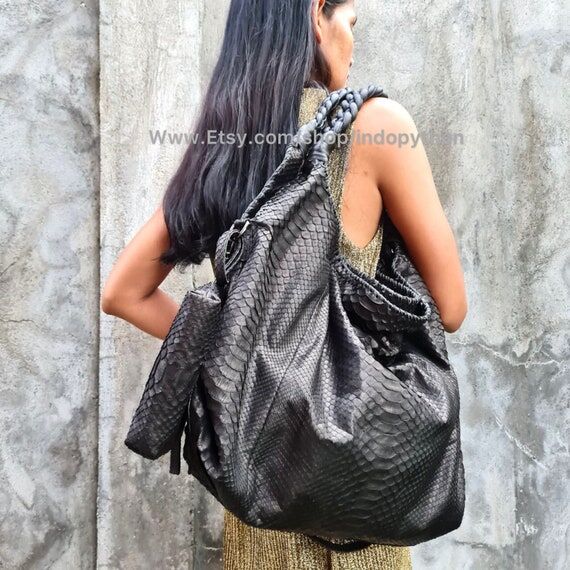 Handmade Black Python Leather Hobo Bag: Fashi...