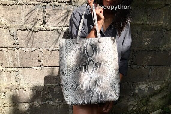 Handmade Python Leather Tote Bag: Gray Snakes...