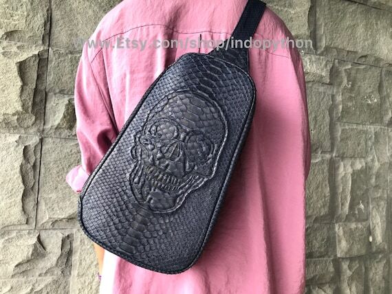 Handmade Python Leather Skull Bag: Unisex Nav...