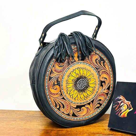 Hand Tooled Leather Sunflower Round Bag: West...