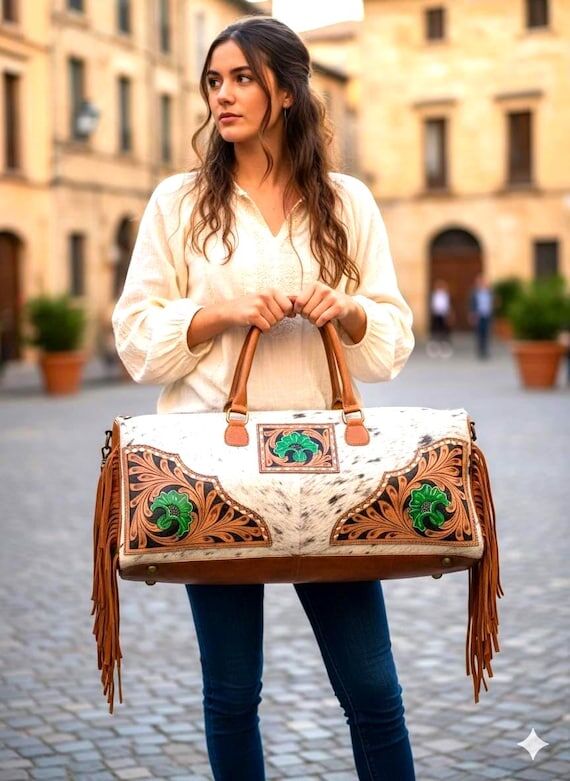 Cowhide Leather Duffle Bag: Tooled Western We...