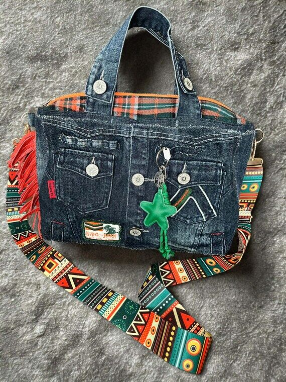 Recycled Denim Handbag, Boho Tribal Strap, Mu...