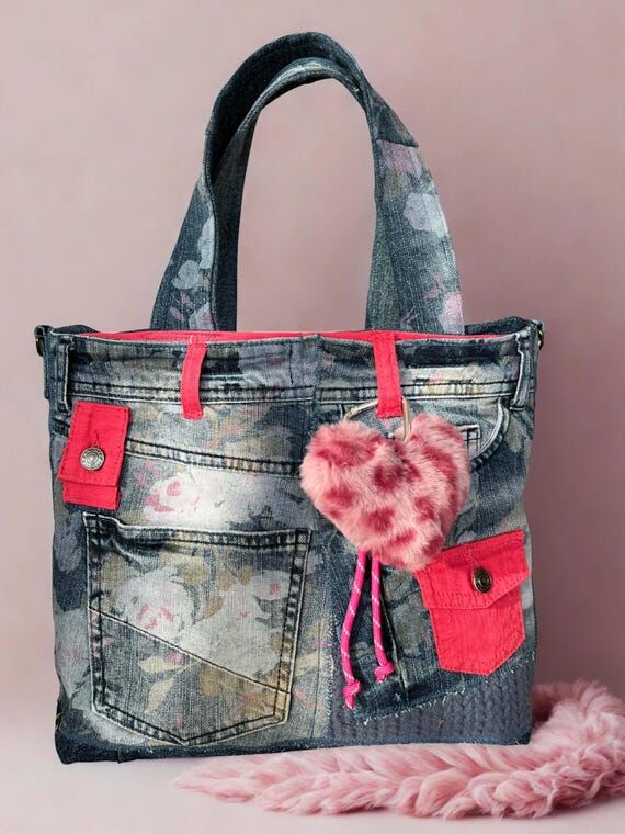 Recycled Denim Floral Handbag, Handmade Tote ...