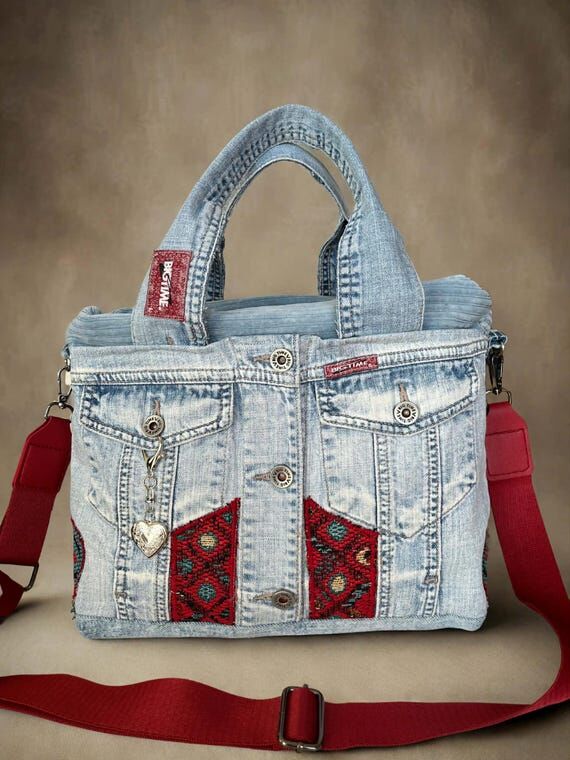 Recycled Denim Handbag, Handmade Pockets, Boh...