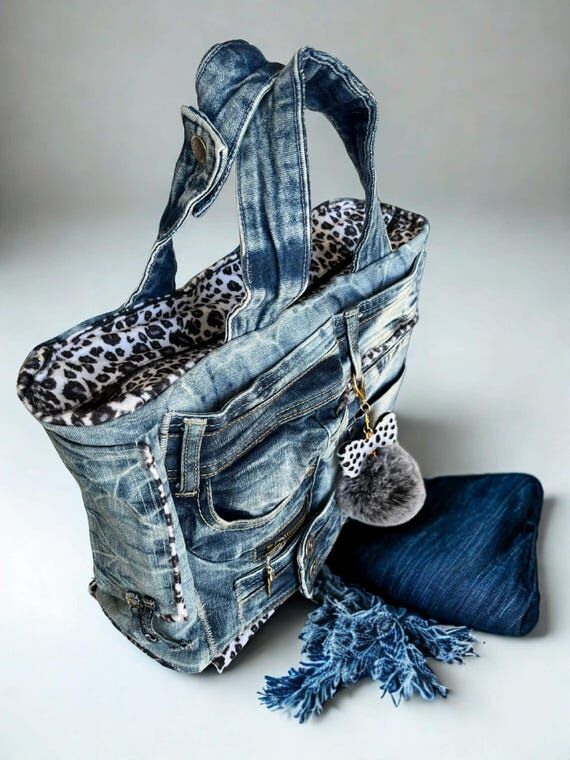 Recycled Denim Handbag, Handmade Tote with Po...