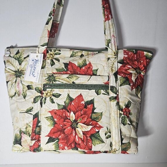 Quilted Fabric Tote Bag: Poinsettia Design, Z...