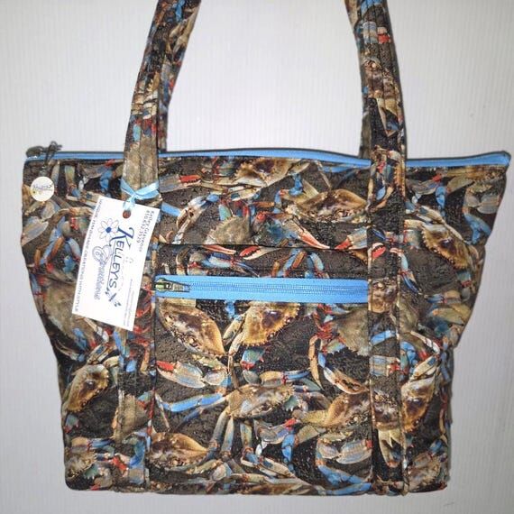 Quilted Cotton Handbag with Blue Crabs, Zippe...