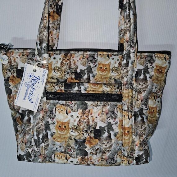 Quilted Fabric Purse Handbag with a Cat Colla...