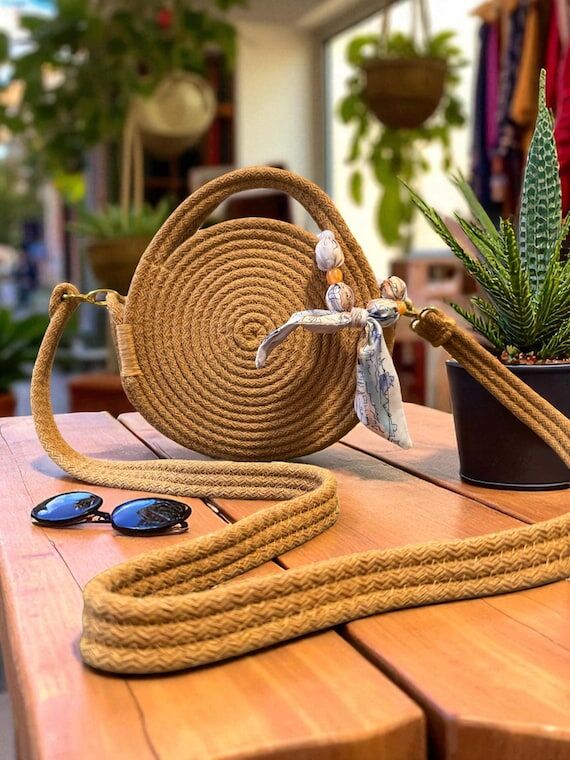 Handmade Jute Rope Crossbody Bag with Silk Sc...