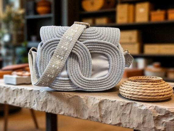 Handmade Woven Rope Crossbody Bag: Light Gray...