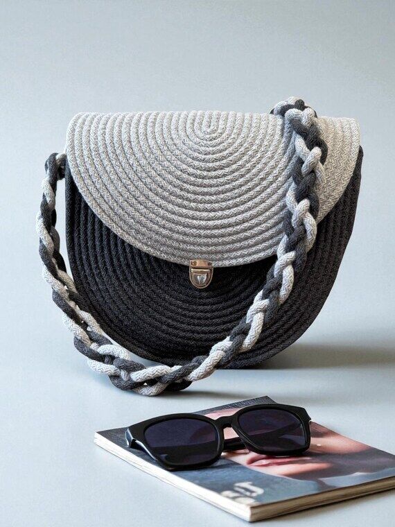 Handmade Two-Tone Woven Crossbody Bag: Gray C...