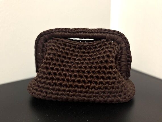 Handmade Crochet Clutch Bag with Leather Bott...