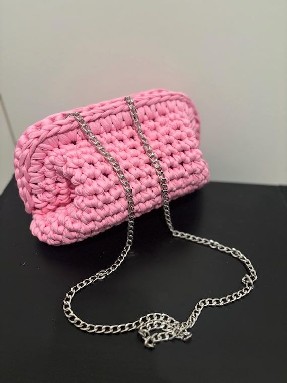 Handmade ribbon bag with chain - crochet bag ...
