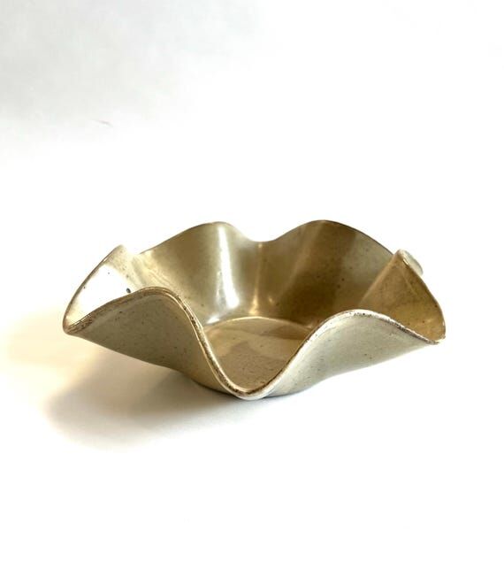 Handmade Wavy Ceramic Bowl, Silky Beige Glaze...