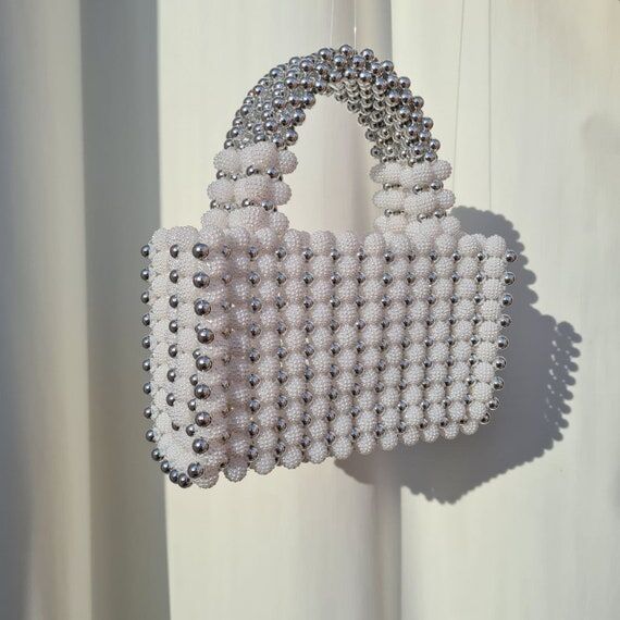 White Silver Pearl Bead Bag, Handmade Bag, Be...