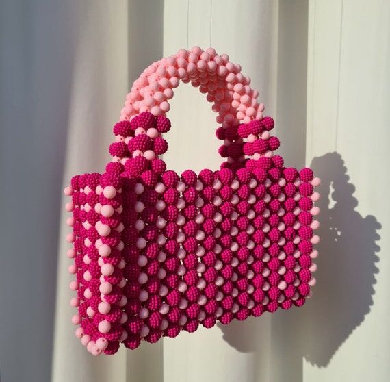 Pink Berry Bead Bag, Handmade Bag, Bead Handb...