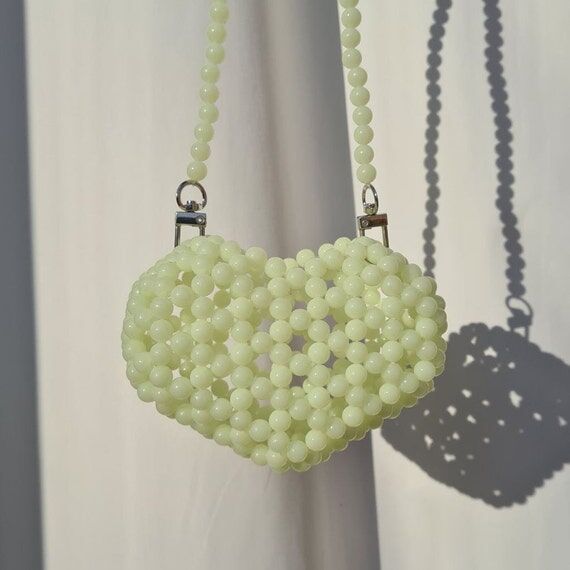 Green Heart Bead Bag, Fluorescent, Handmade, ...