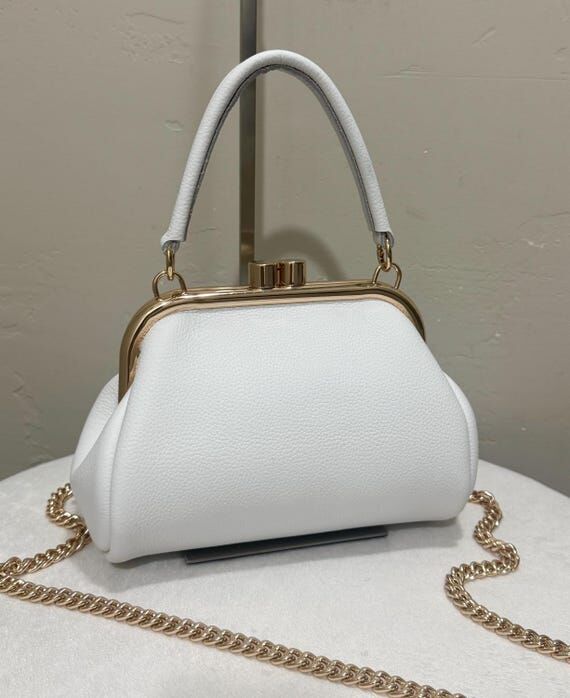 White Togo Cowhide Handmade Kisslock Frame Ba...