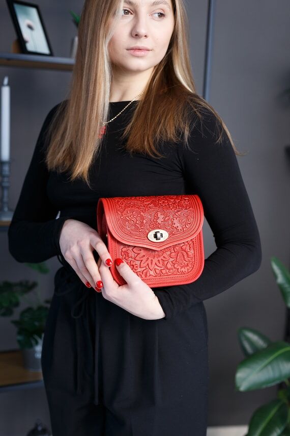 Red Leather Floral Embossed Bag: Handmade Wom...