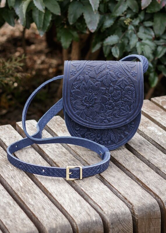 Handmade Leather Shoulder Bag: Small Blue Flo...