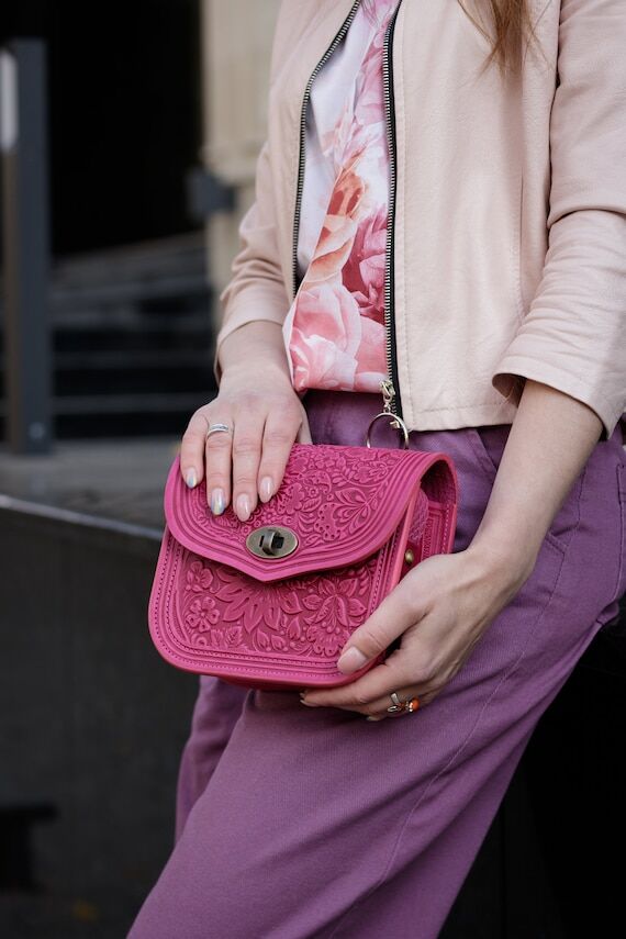 Pink Leather Crossbody Bag: Handmade Floral H...