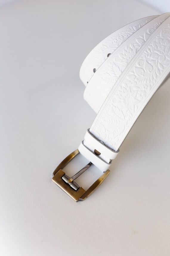 Embossed White Leather Belt: Full Grain Leath...