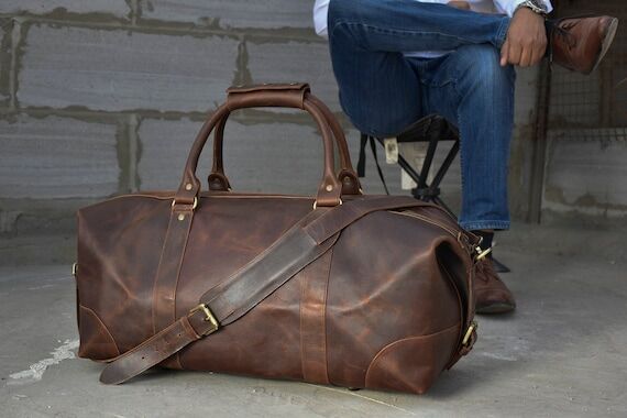 leather weekender bag duffel men personalized...