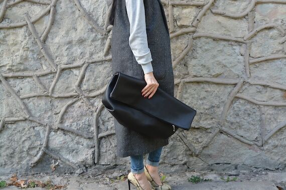 Oversized Black Leather Clutch Bag, Removable...
